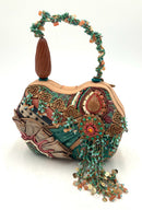 MARY FRANCES Tan Suede Turq Peach Fabric Carved Wood Turq/Red Bead Bag