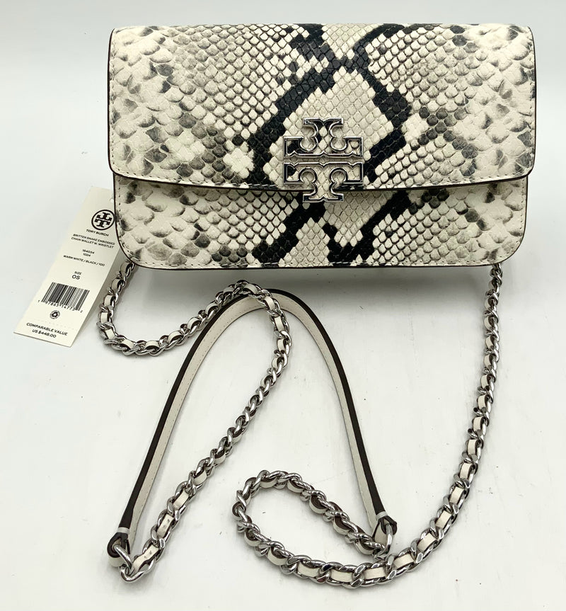 TORY BURCH White Black Embossed Britten Leather Chain Bag