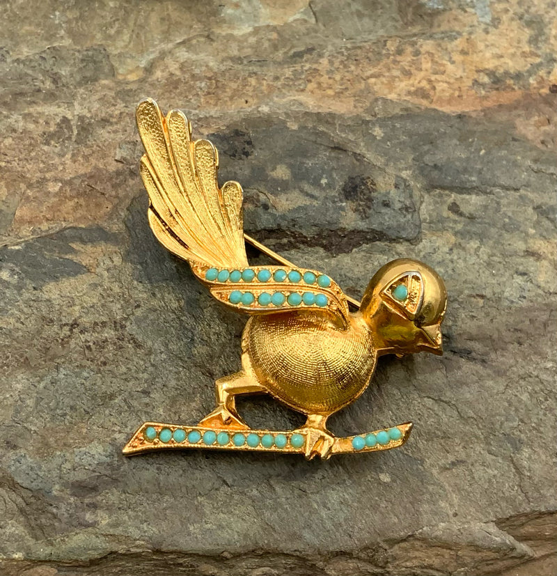 10kt Gold & Turquoise Bird Brooch