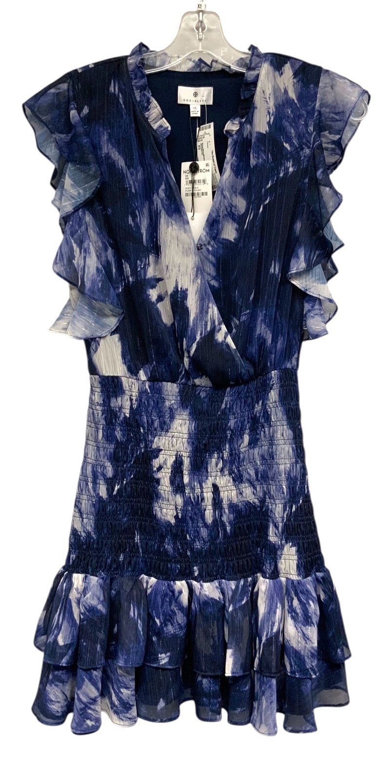 SOCIALITE Navy/Blue/White/Lurex Smocked Ruffle Sleeve V-Neck Dress