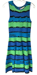 ISSA Blue/Turq/Green/Black Abstract S/L Skater Dress
