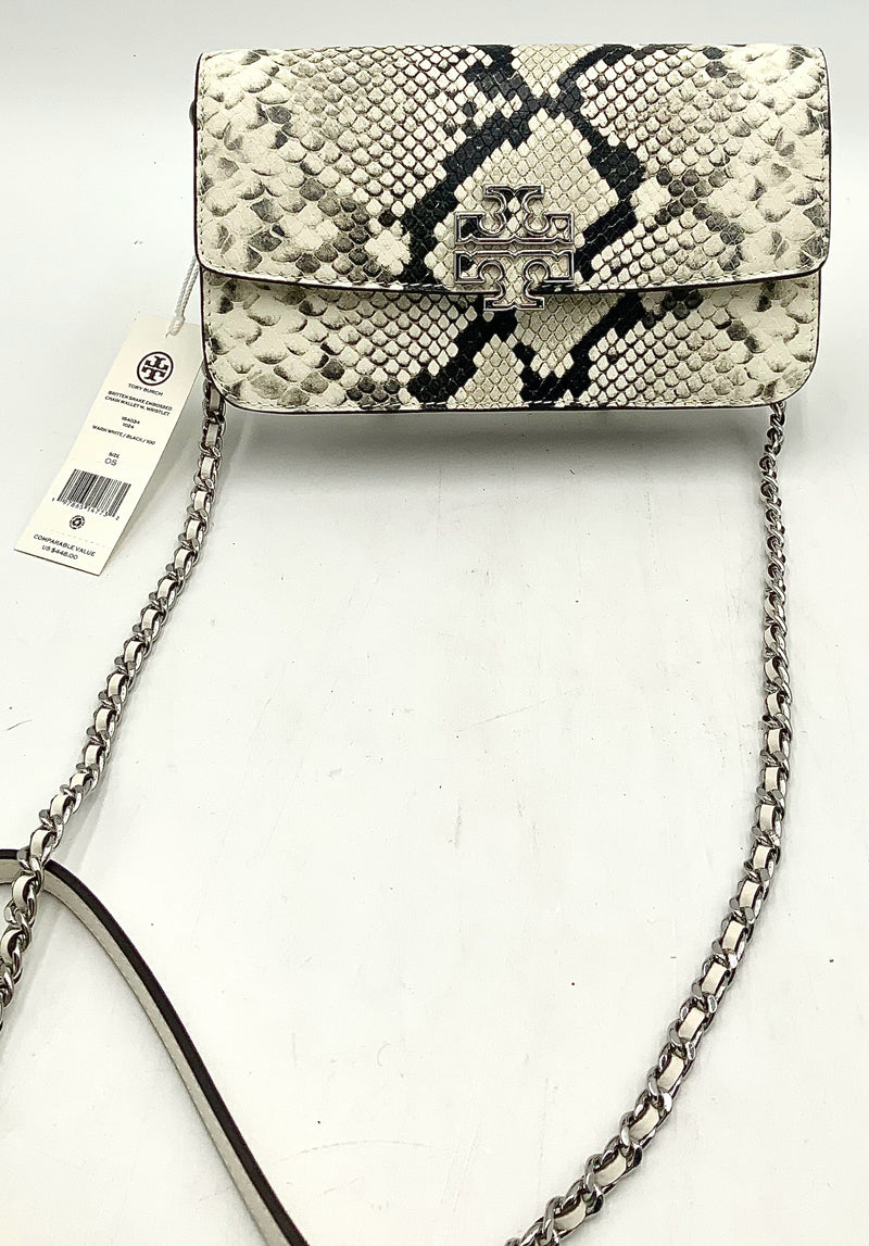 TORY BURCH White Black Embossed Britten Leather Chain Bag