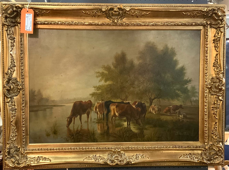 Oil on Canvas of Cows in Ornate Gold Frame