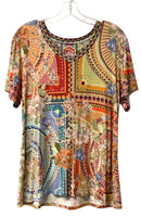 JOHNNY WAS Red/Yellow/Blue Floral V-Neck S/S Top