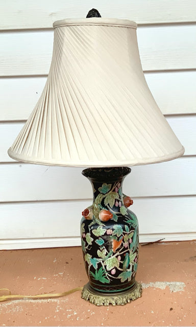 Black Asian Ceramic Lamp with Pleated Swirl Shade