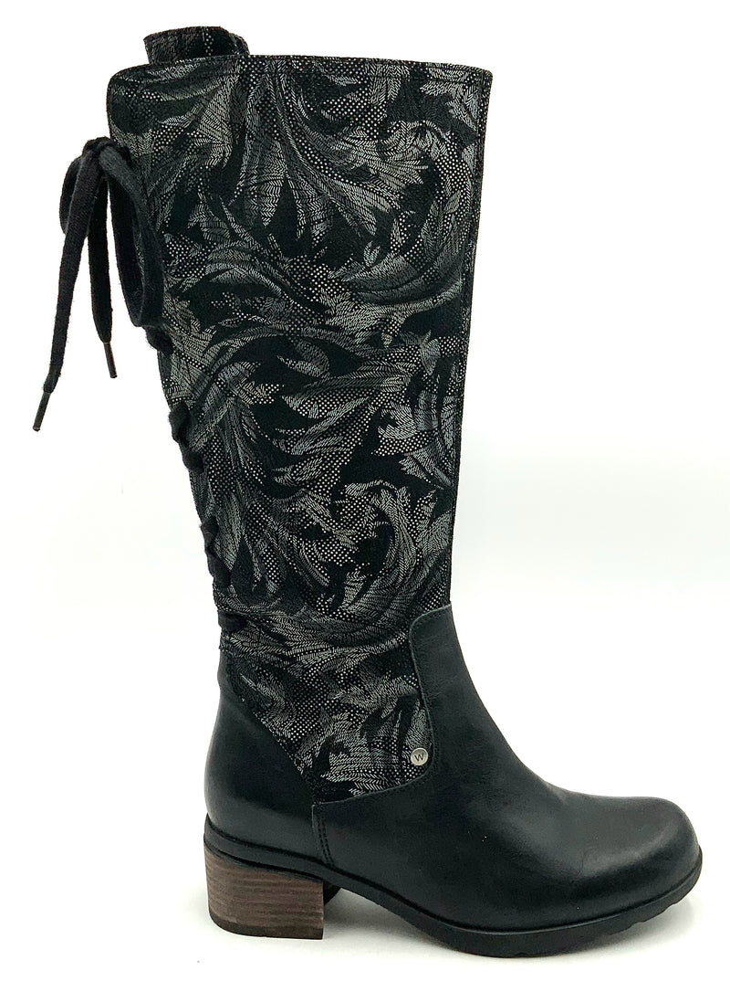 WOLKY Black Leather Palm Printed Lace Back Hayden Tall Boots 40