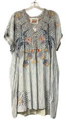 JOHNNY WAS Lt Blue w/Multi Floral Embroid S/S Silk Dress