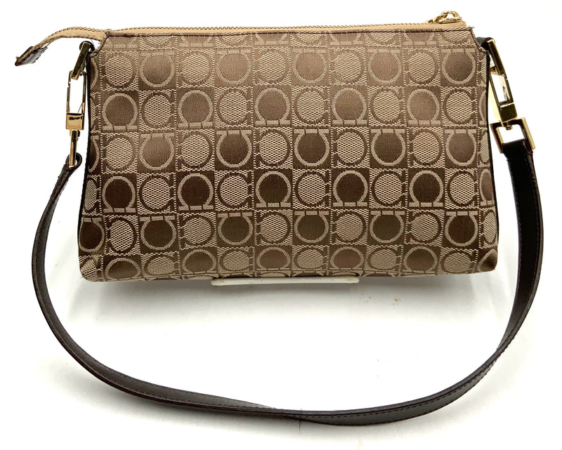SALVATORE FERRAGAMO Brown Leather Khaki Gancini Jacquard Logo Mini Pochette Bag