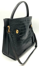 TORY BURCH Lee Radziwill Black Croc Embossed Leather Double Bag