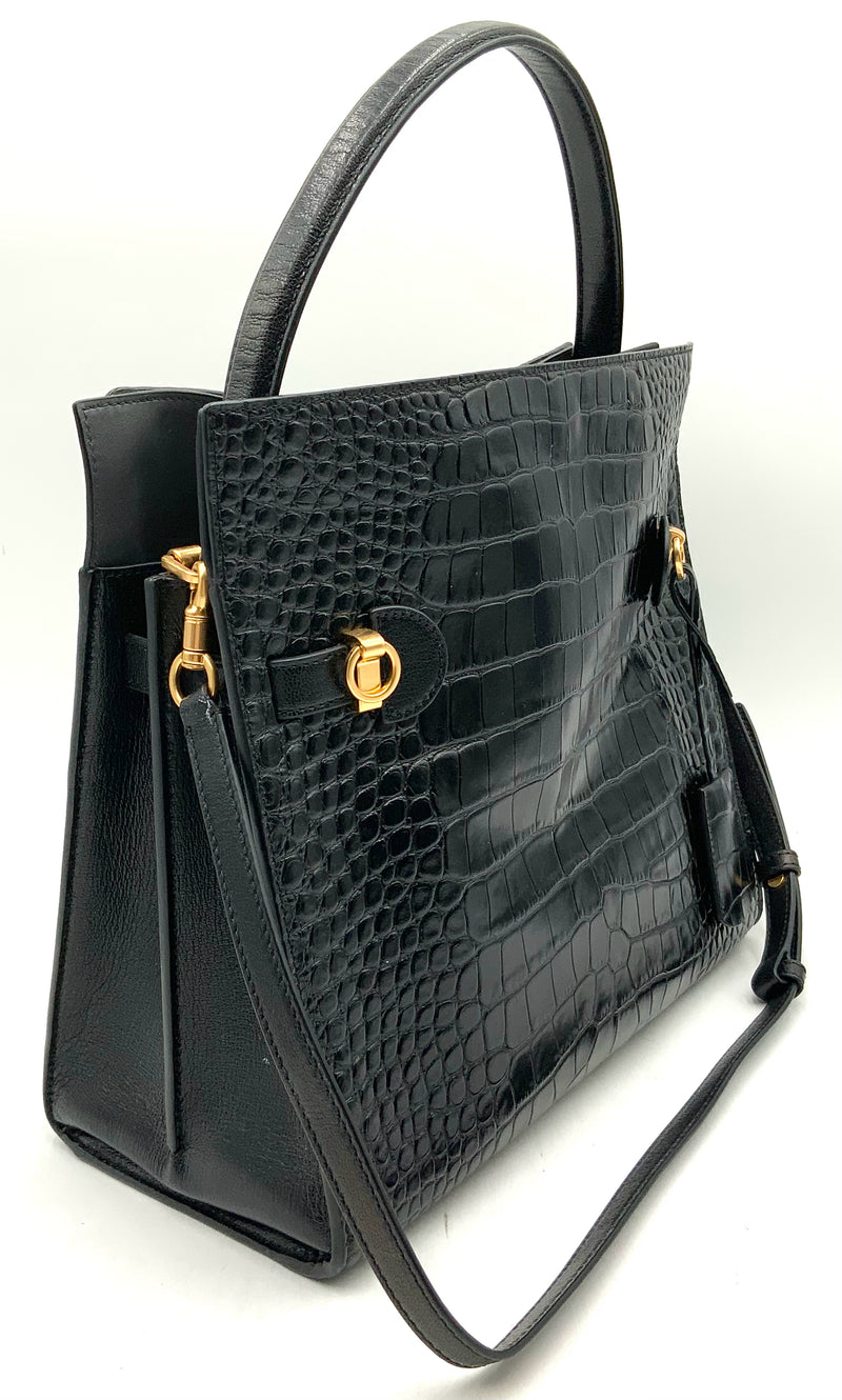 TORY BURCH Lee Radziwill Black Croc Embossed Leather Double Bag