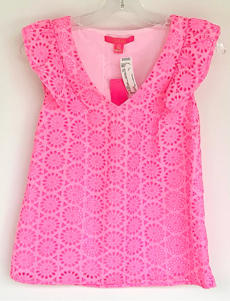 LILLY PULITZER Pink Eyelet "Lina" Flutter Sleeve Top