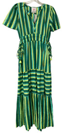 BELLA TU Green/Turq Stripe Drawstring Waist Tiered S/S Maxi Dress