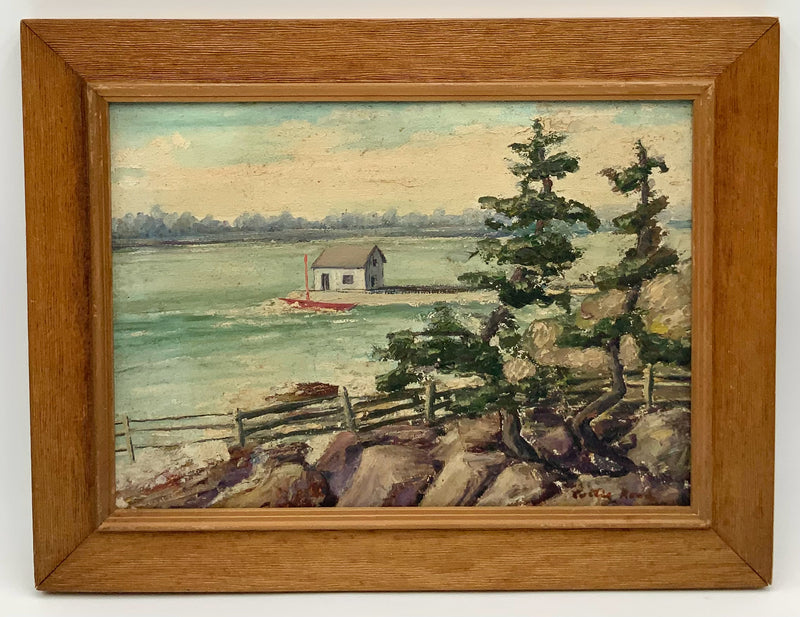 Vintage Oil on Board of House on Lake in Wood Frame