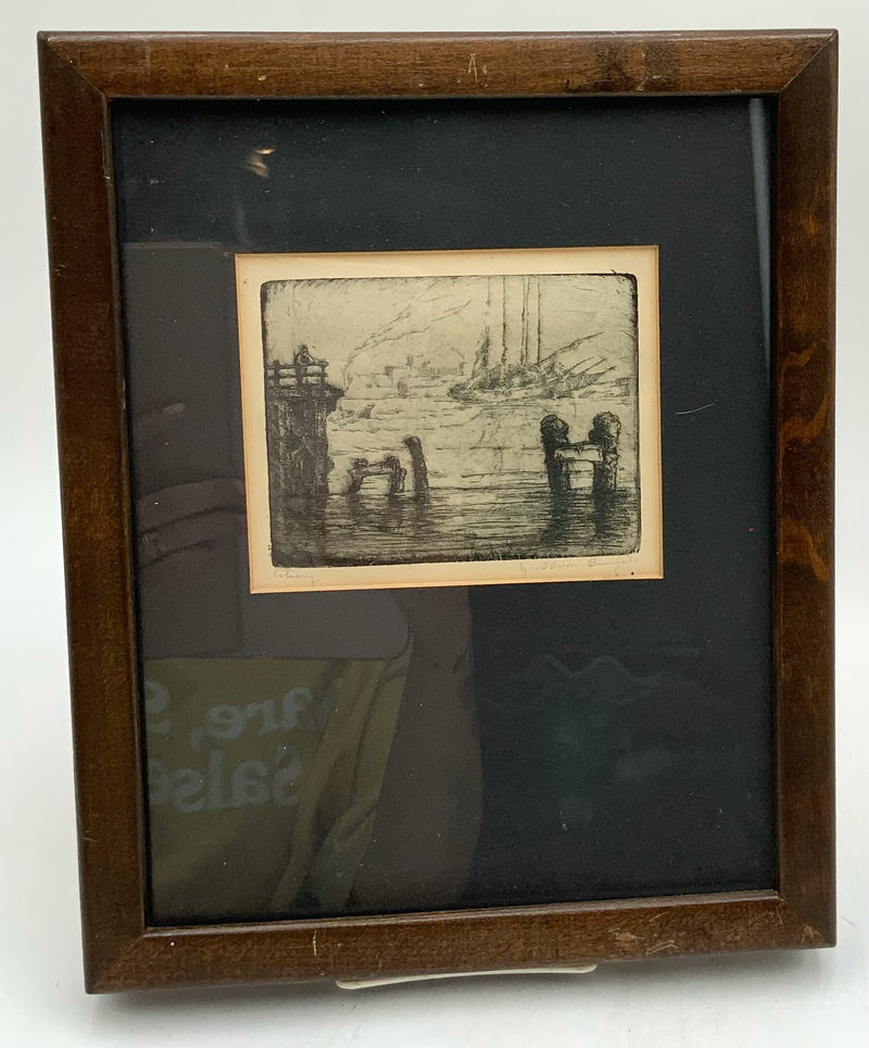 Vintage Engraving of Estuary in Wood Frame