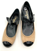 CHANEL Tan Suede Black Patent Cap Toe Maryjane Ballet Flats 38.5