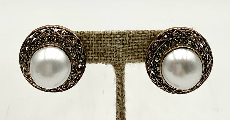 JUDITH JACK Sterling Marcasite & Pearl Earrings