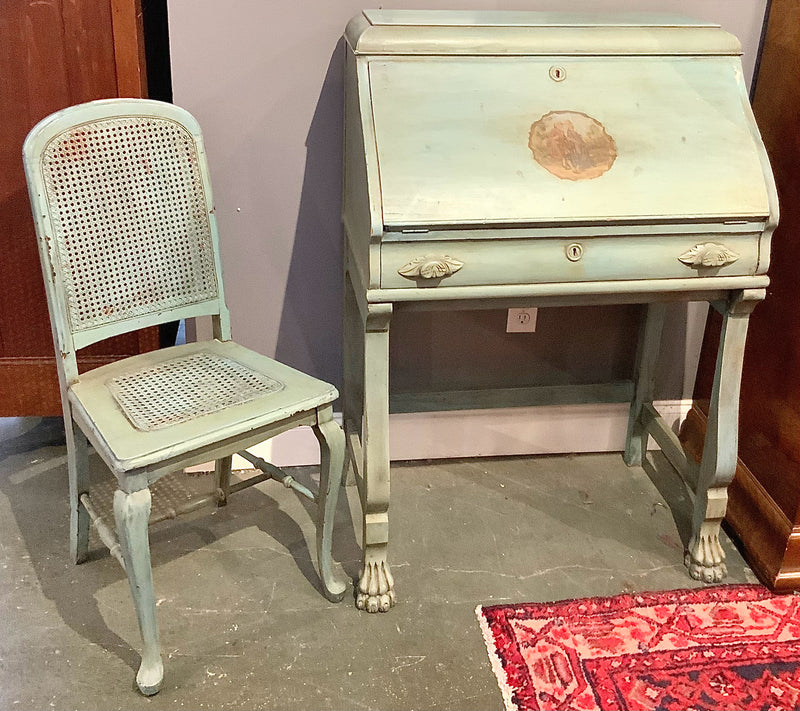 Vintage French Blue Writing Desk with Cane Chair