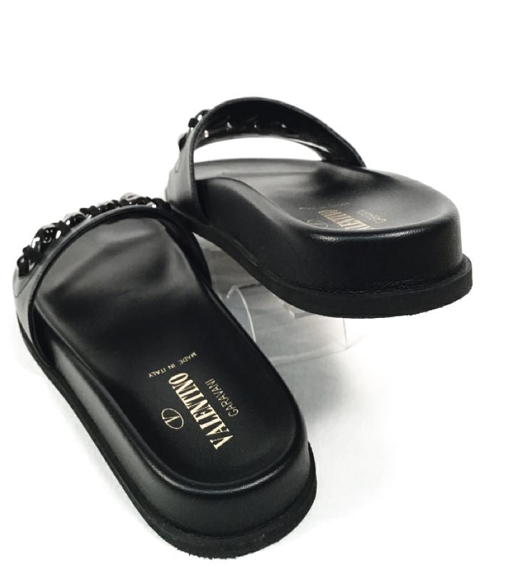 VALENTINO Black Leather Suede Chain Inset Slides 38