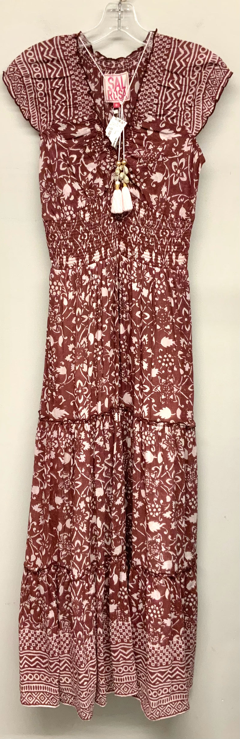 SAL ROSA Berry/Pink Floral Smocked Waist w/Shell Tassels Maxi Dress