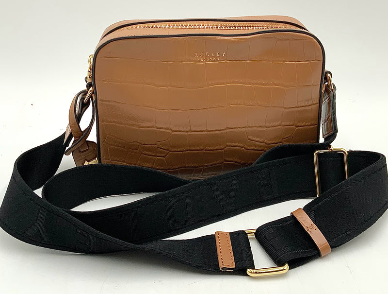 RADLEY Tan Embossed Leather Black Logo Canvas Strap Crossbody