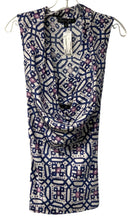 LAFAYETTE 148 Lt Grey/Navy/Purple Geo Print Drape Collar Belted S/L Silk Top