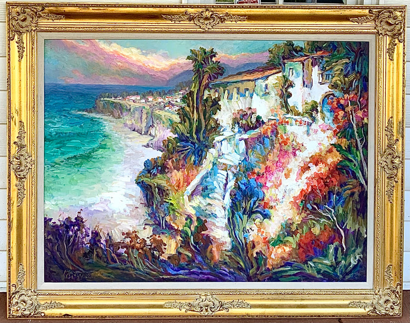 Large Oil on Canvas of Ocean Cliff in Gold Frame