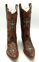 CORRAL Dark Brown Python Brown Distressed Lea Silver Stud Crystal Cross Boots 9