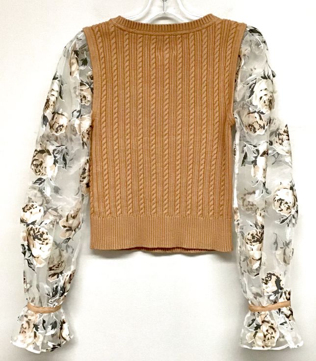 MAEVE Camel Cable Knit Sheer Floral Sleeve Sweater