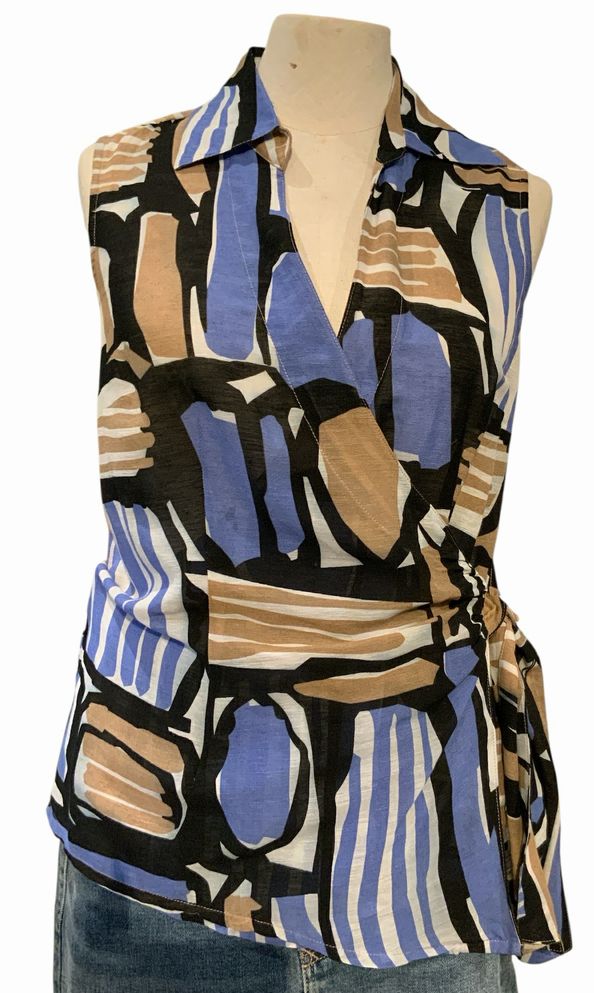 NIC + ZOE Blue/Tan/Black Print S/L Wrap Top