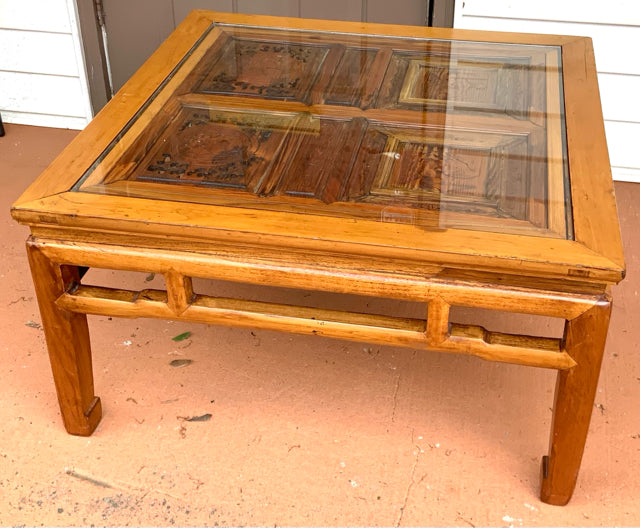 Vintage Light Wood Asian Coffee Table with Glass Insert