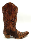 CORRAL Brown Leather & Python Crystal Cross Snip Toe Western Boots Boots 9