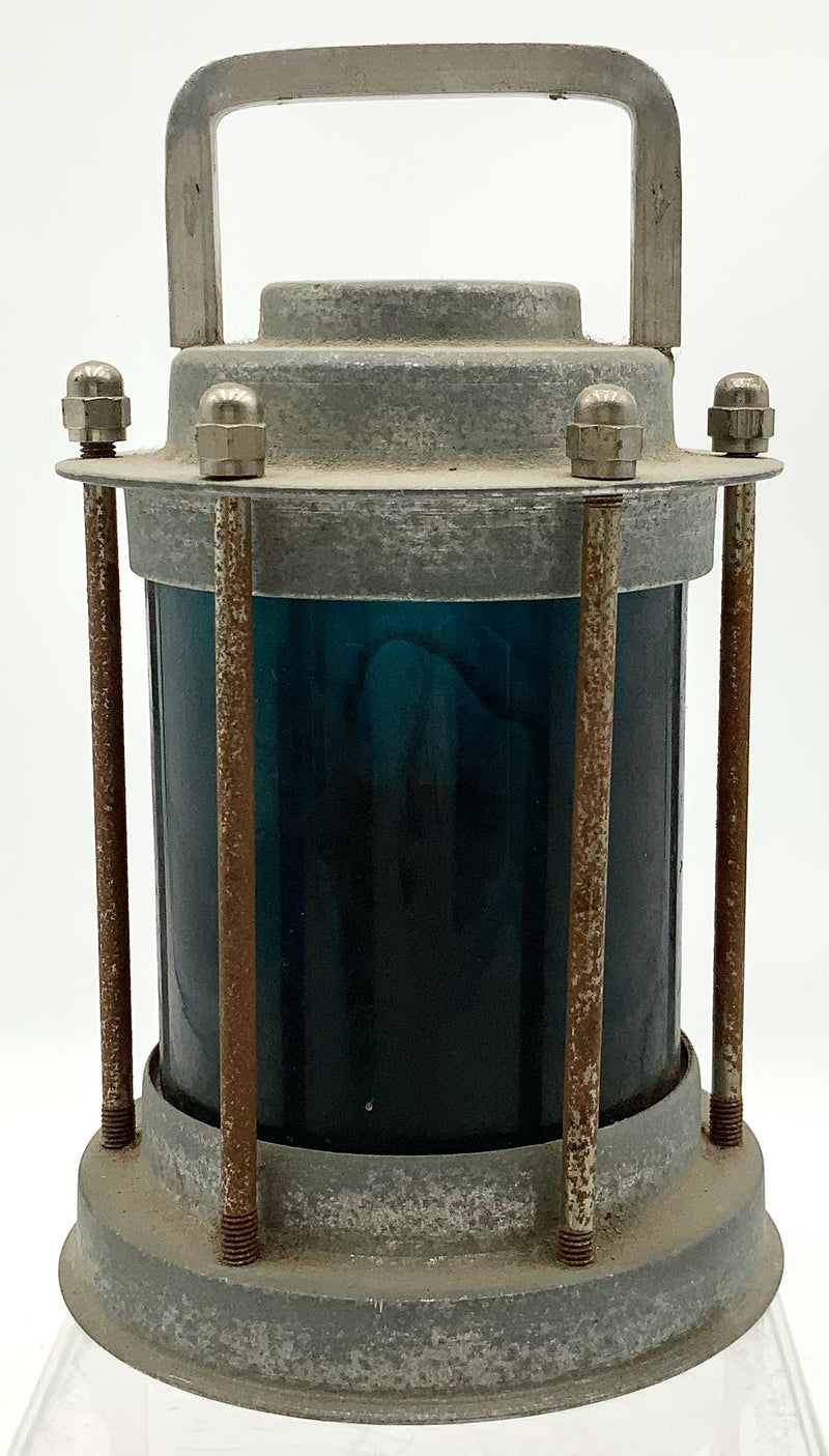 Vintage Mini Metal Nautical Lantern with Blue Glass