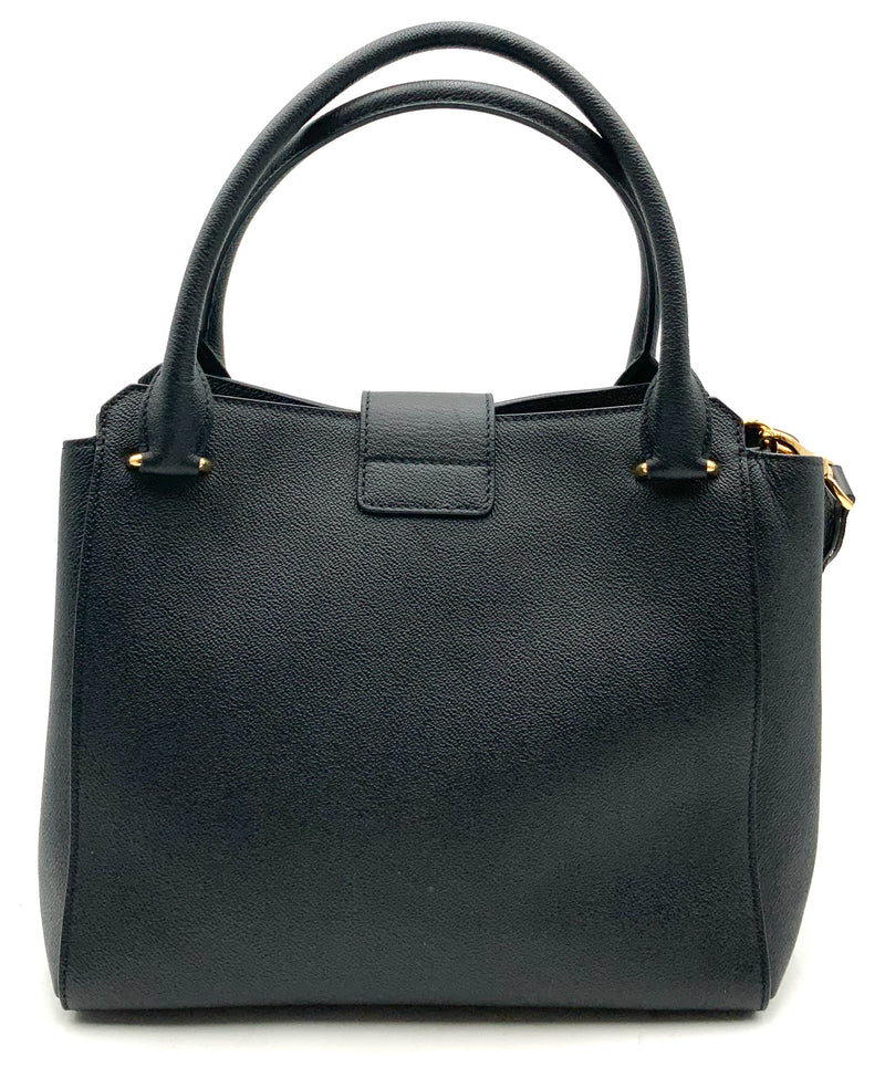 BURBERRY Black Grained Leather Goldtone Buckle Tote Bag