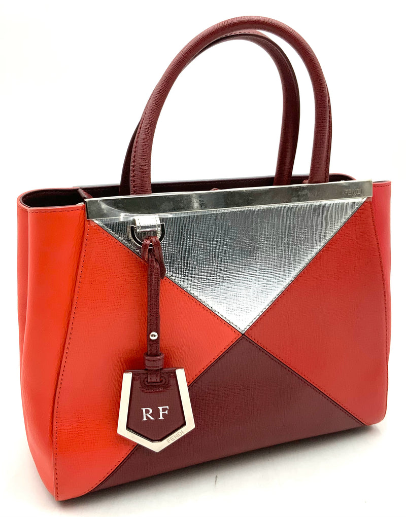 FENDI Red Burgundy Silver Colorblock Lea Sac 2 Jours Petite Tote Bag AS IS
