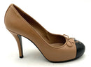 CHANEL Light Brown Black Leather Cap Toe CC Bow Pumps 6.5