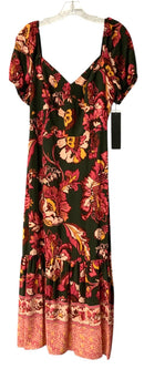 ADRIANNA PAPELL Hunter Green/Pink Floral V-Neck Puff Sleeve Midi Dress