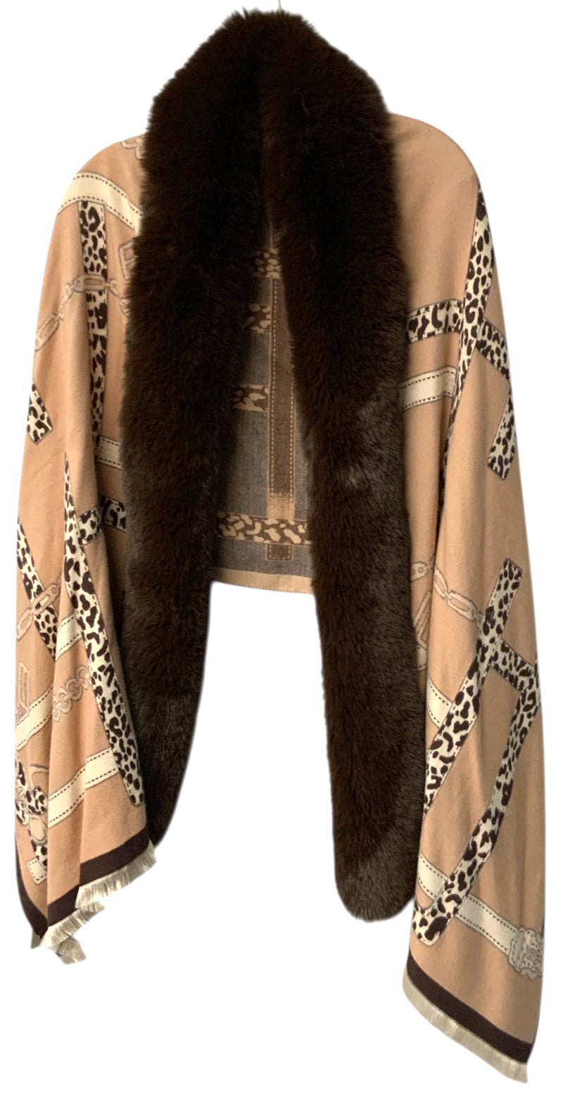 LA FIORENTINA Camel Brown Leopard Pattern Faux Fur Trim Shawl