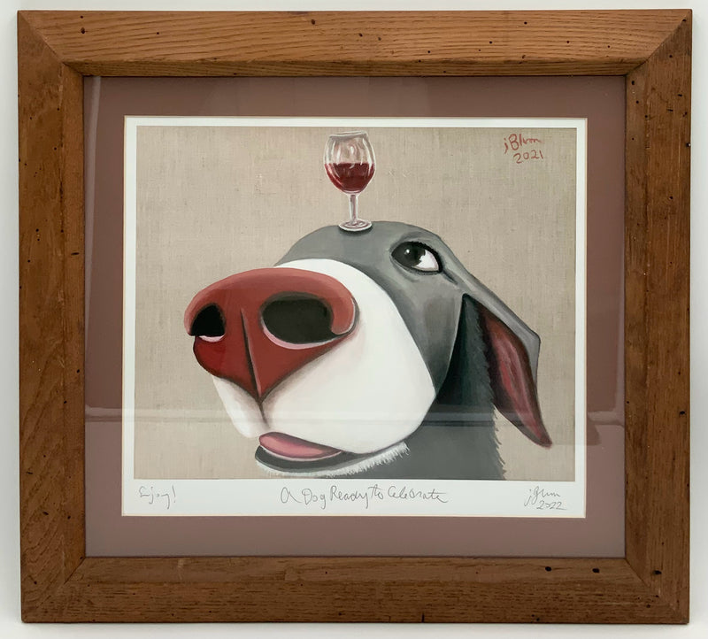 Jonathan Blum Framed Lithograph of Dog with Wine Glass