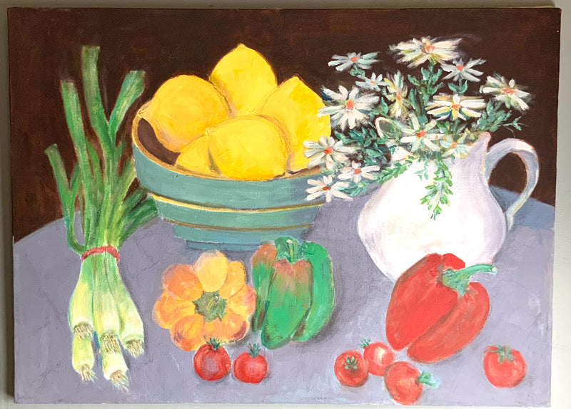 Acrylic on Canvas of Vegetable Still Life with Daisies