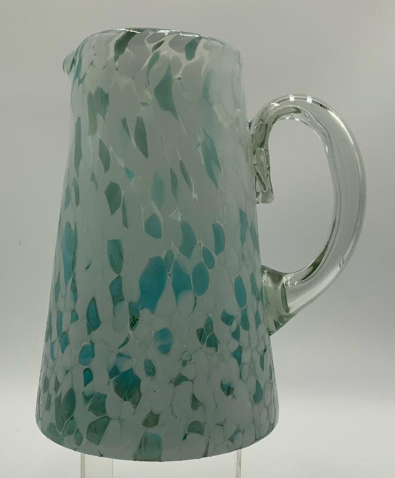 Hand Blown Glass Pitcher with Blue & White Design