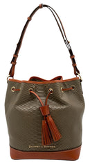 Dooney & Bourke Taupe Pyhton Embossed Leather Drawstring Caldwell Shoulder Bag