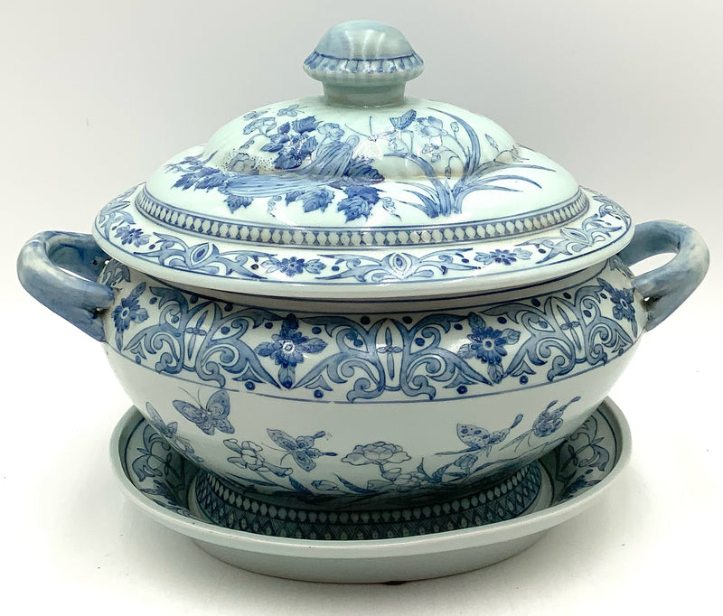 Maitland Smith Blue & White Porcelain Tureen with Underplate