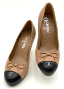 CHANEL Light Brown Black Leather Cap Toe CC Bow Pumps 6.5