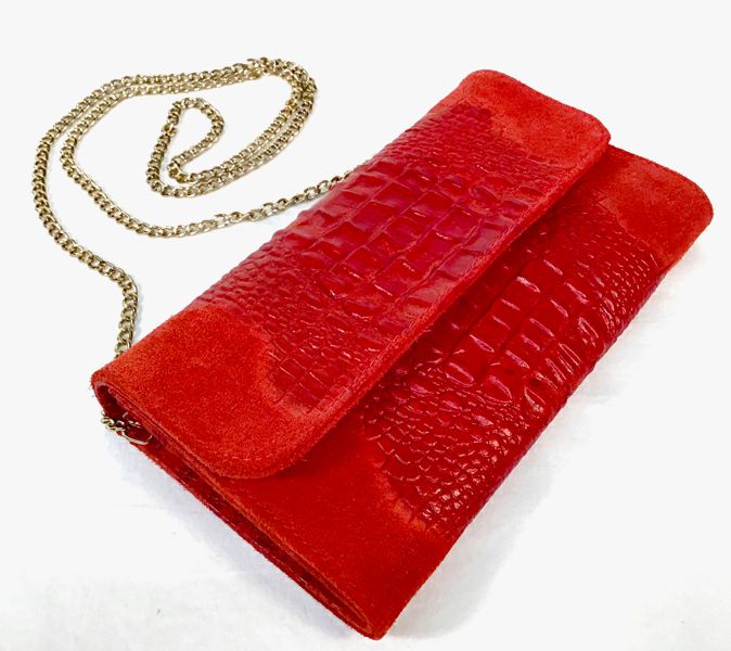 LAVORAZIANO ARIGIANALE Red Suede Croc Embossed Leather Flap Chain Bag