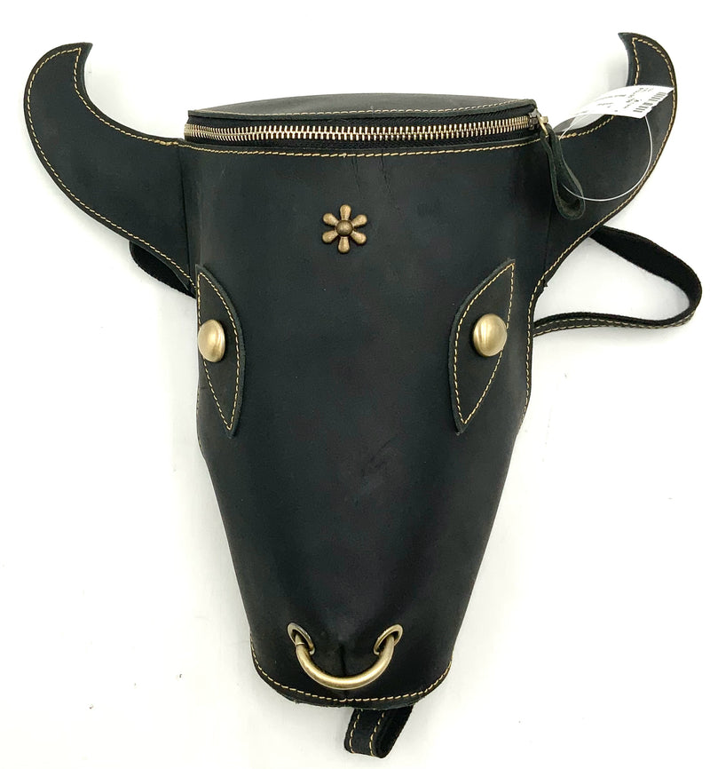 Black Handmade Full Leather Cowhide Bull Head Backpack