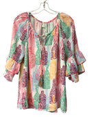 JADE White/Berry/Aqua/Multi "Bottle Print" Tassel Tie Bell Sleeve Top