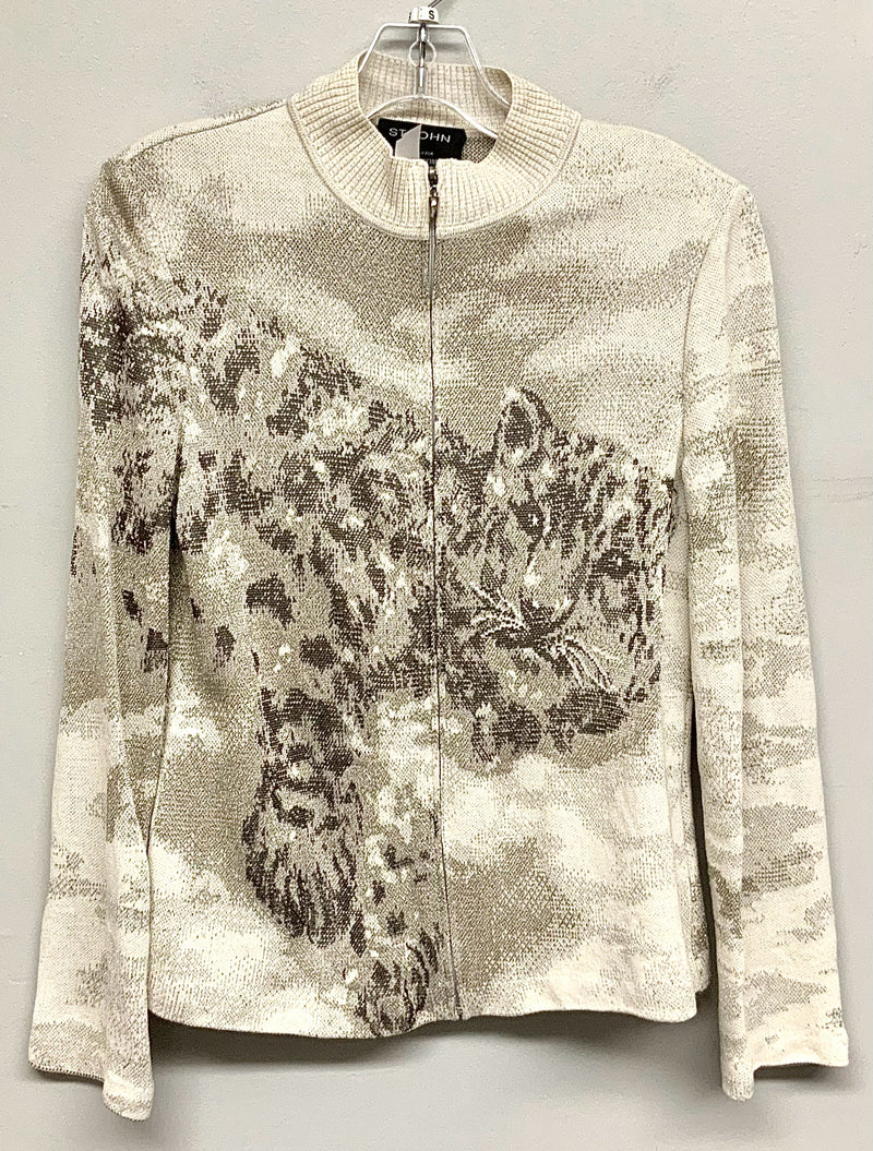 ST JOHN White Grey Snow Leopard L/S Zip Jacket