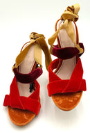 ZARA Gold Wine Red Velvet Ankle Wrap H/H Sandals 5.5