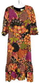 FLORA BEA Purple/Coral Black/Multi Floral Ruffle Trim Dress