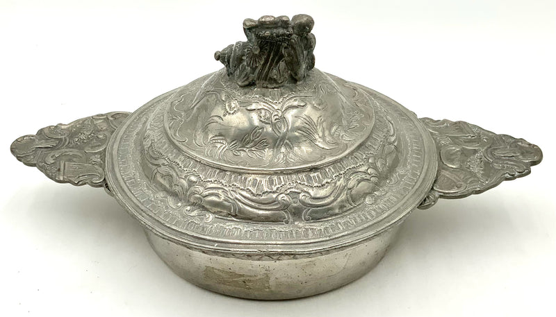 Antique French Pewter Lidded Broth Bowl